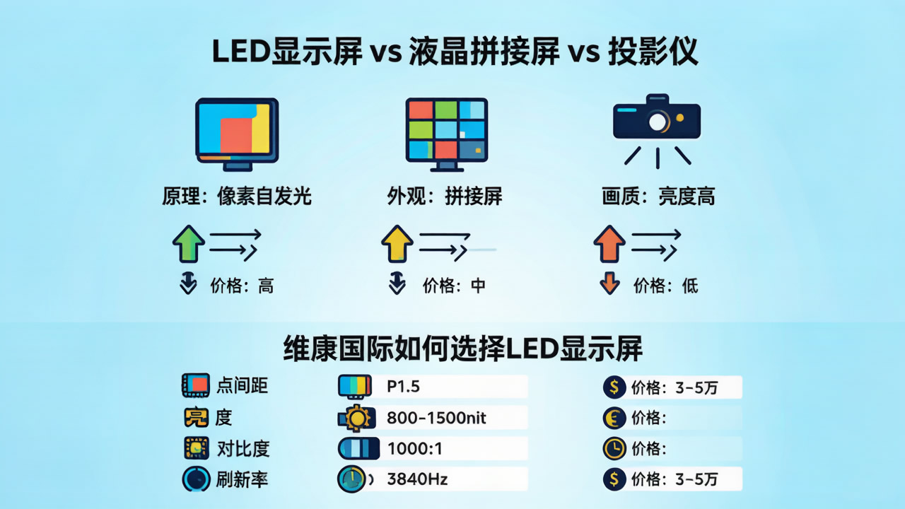 液晶拼接屏、投影儀對比信息圖-維康科普